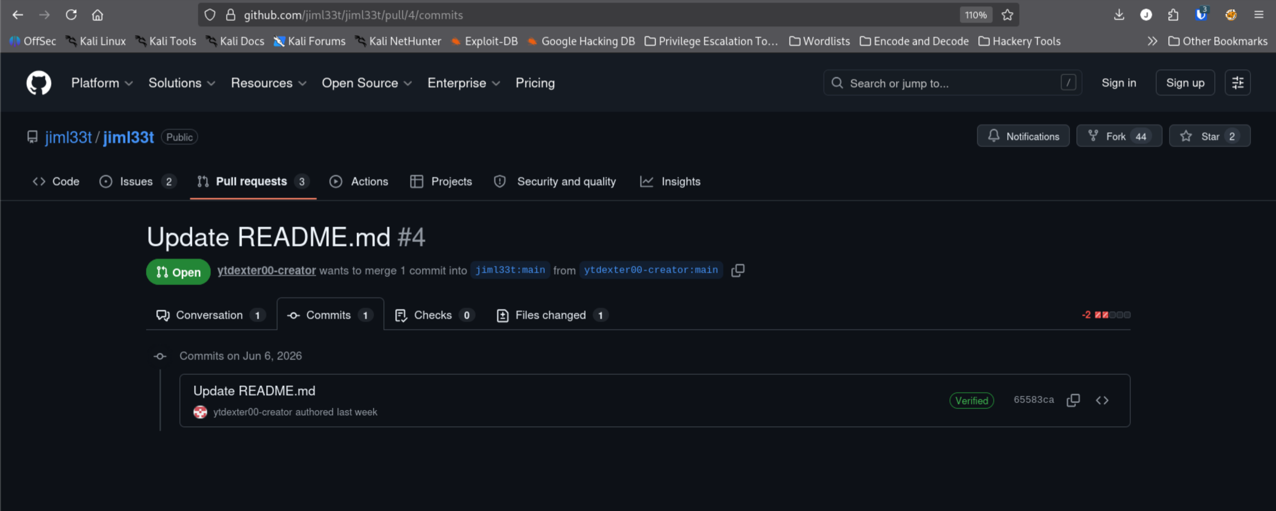 GitHub commit view showing full SHA hash to the right of the Verified badge